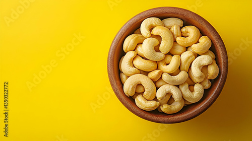Roasted cashews in bowl, yellow background. Food photography, healthy snack