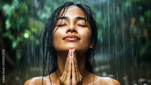 Woman enjoying rain in a lush forest with closed eyes and hands clasped in prayer position