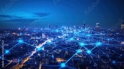 Night city skyline connected by network. Aerial view. Possible stock photo use
