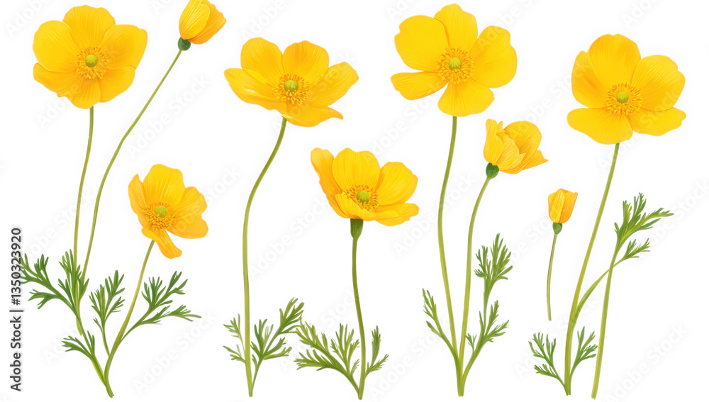 Fototapeta premium vibrant yellow flowers with delicate petals and green foliage arranged in various heights ideal for graphic design or botanical illustrations