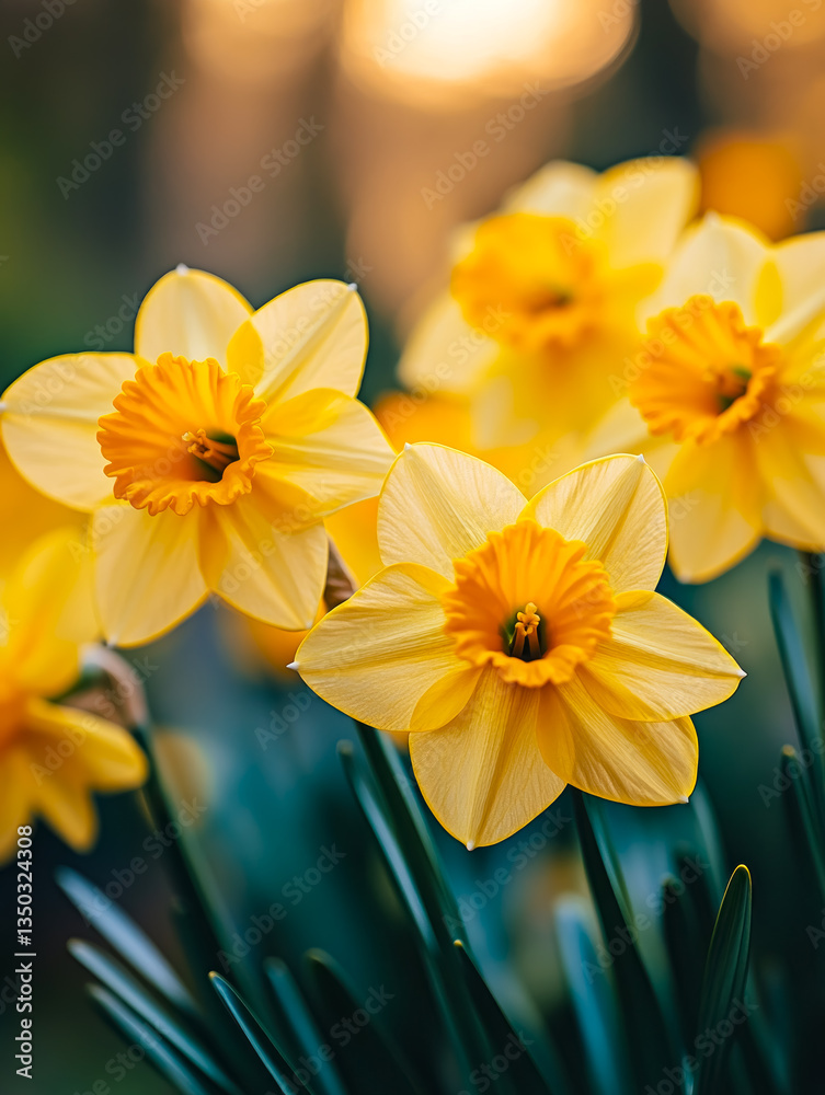 Vibrant daffodils bloom elegantly in the garden, showcasing their delicate beauty under soft sunlight