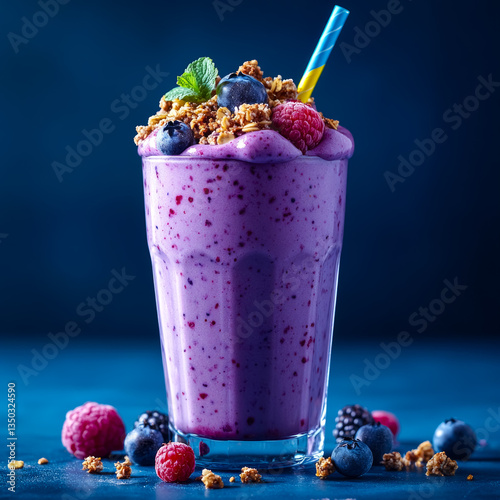 Revitalizing blue smoothie adorned with fresh berries and crunchy granola against a vibrant background for enticing food advertising