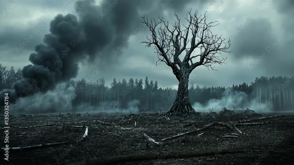 Widespread devastation in a burnt forest landscape with a symbolic dead tree and dark smoke rising in the background
