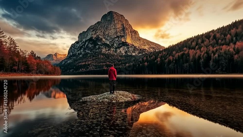 Man gazes at the sunset over a mountain and lake in autumn