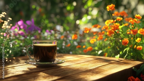Sunny garden coffee, wooden table, flowers, relaxation