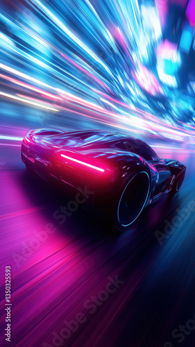 Futuristic supercar glows under intense pink and blue lights, capturing speed...