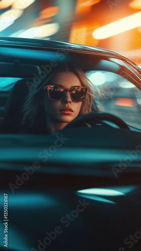 Stylish woman in sunglasses driving through a neon-lit city in a cinematic mo...