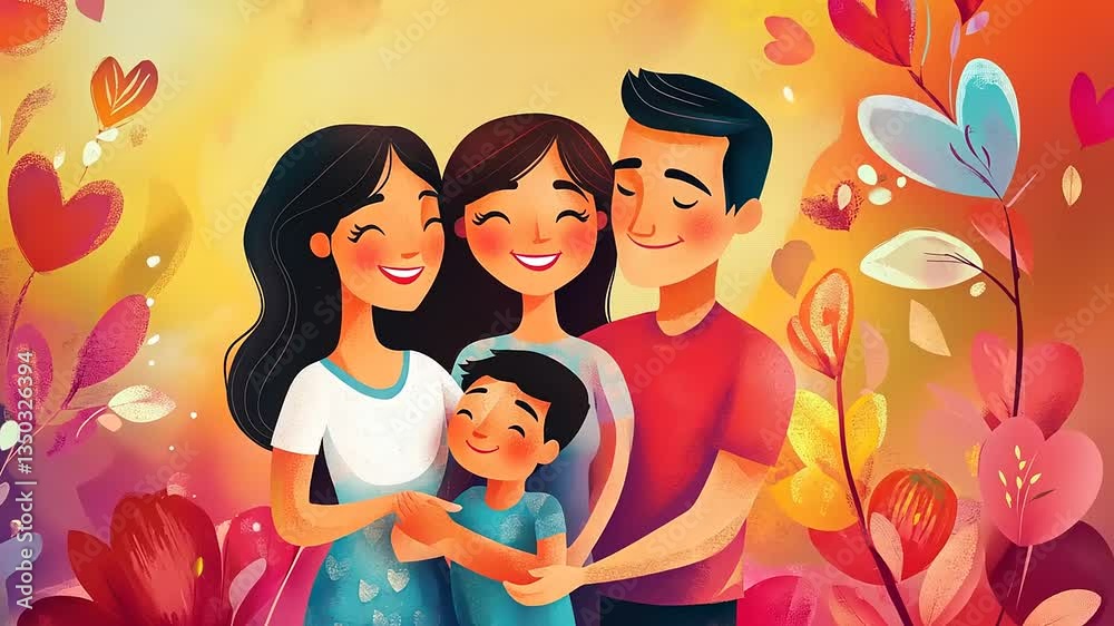 Happy Family Portrait: A Loving Embrace Amidst Vibrant Blossoms Happy Family Portrait: A Loving Embrace Amidst Vibrant Blossoms