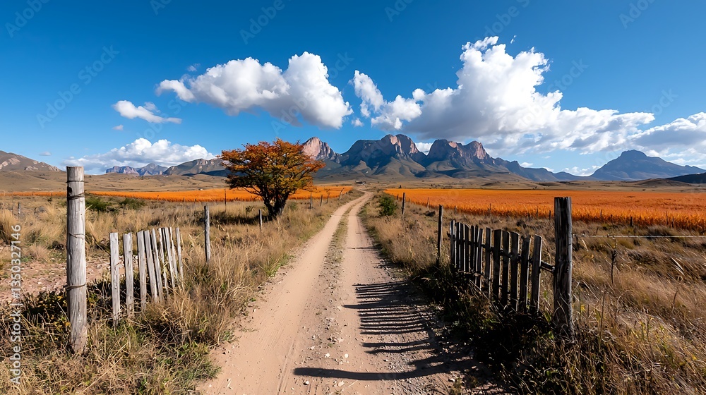 Obraz premium Scenic Dirt Road Through Autumnal Landscape with Orange Trees and Mountains