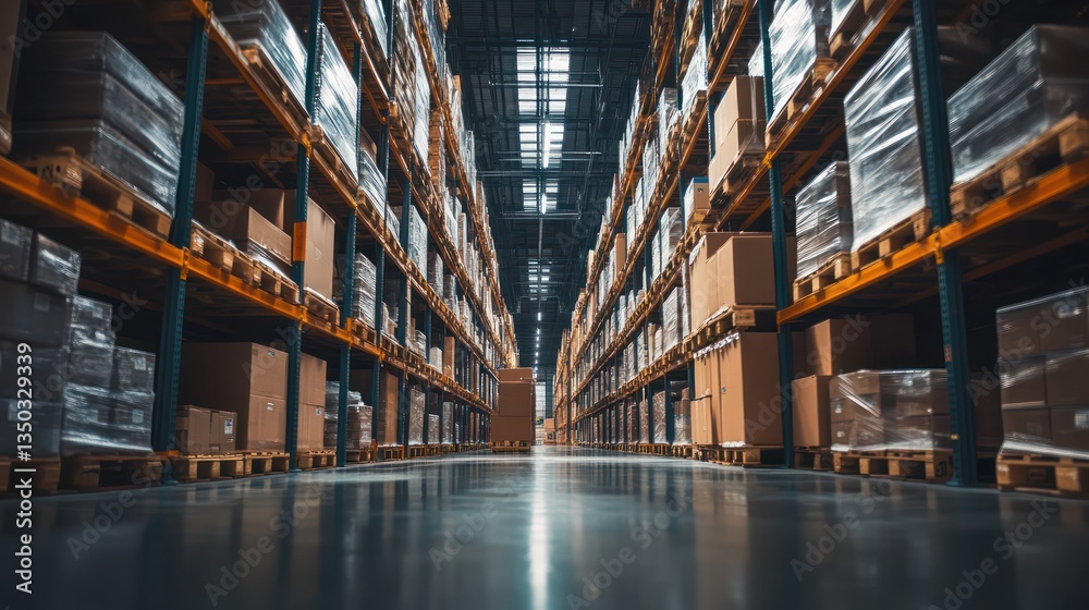 Fototapeta premium Warehouse aisle, boxes stacked high, logistics