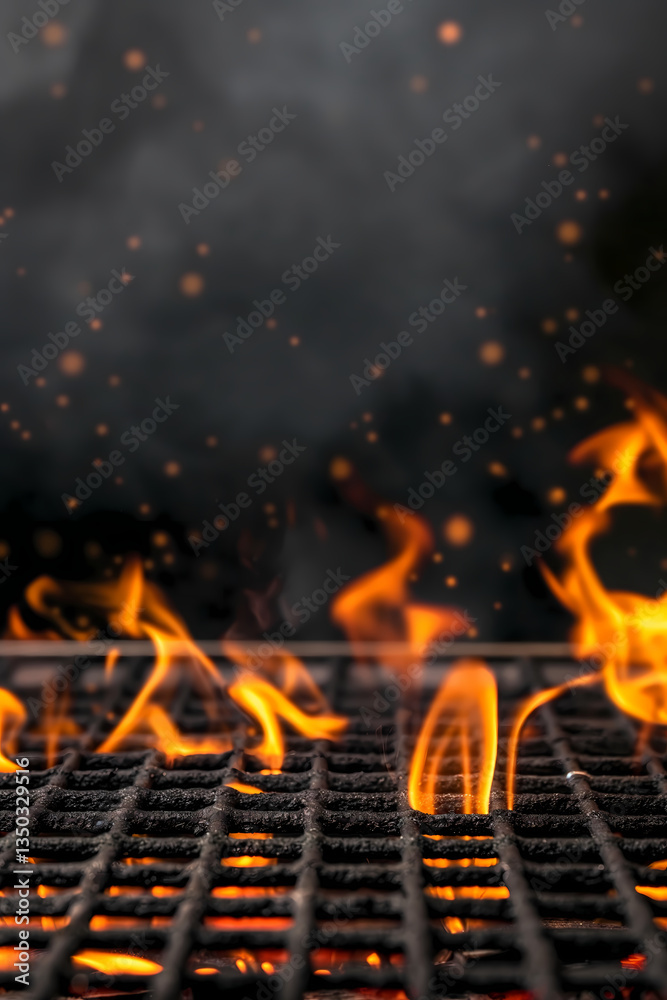 Grill with Flaming Fire Closeup for Cooking and Outdoor Barbecue Grill with Flaming Fire Closeup for Cooking and Outdoor Barbecue