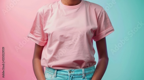 Woman in pink shirt with pastel backdrop. (1)