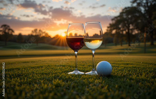 Two wine glasses and golf balls on a golf course at sunset