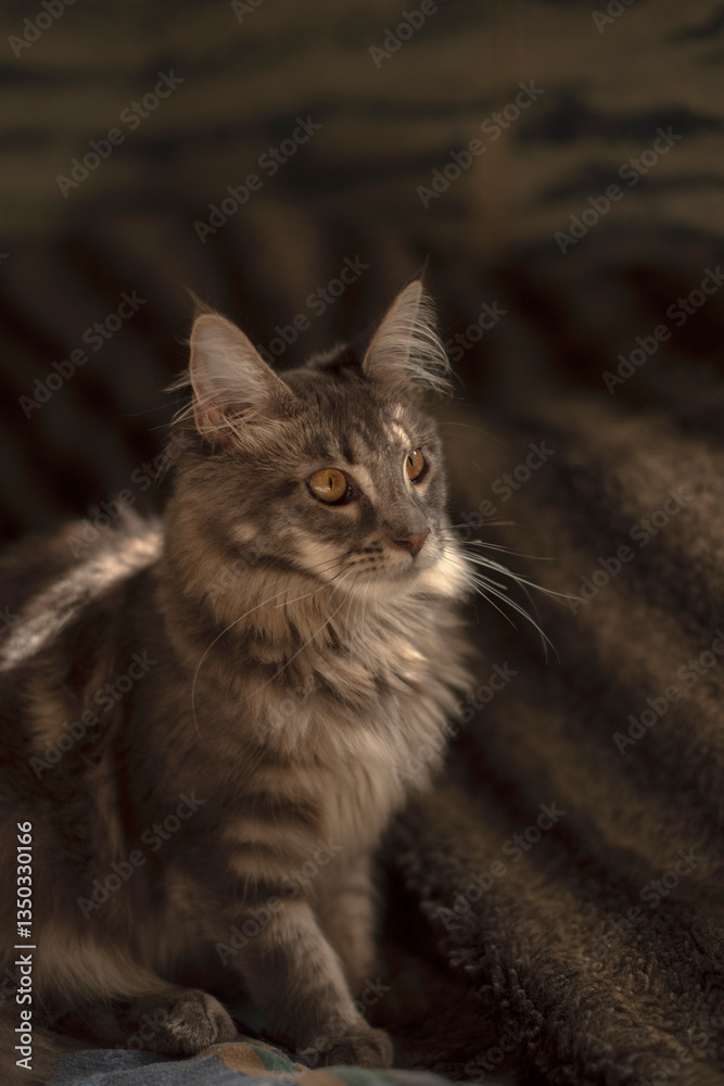 Obraz premium portrait Maine coon kitten of blue ticked color, vertical, copy space