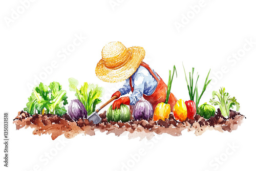 A person in a straw hat tending to a vibrant garden filled with various vegetables and plants.