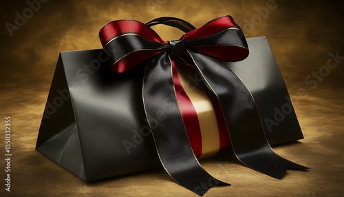 Elegant black gift bag with red and gold ribbon.