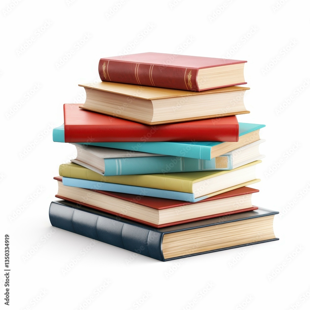 A vibrant stack of books, each with a unique spine color, beautifully cut out against a pure white backdrop. A vibrant stack of books, each with a unique spine color, beautifully cut out against a pure white backdrop.