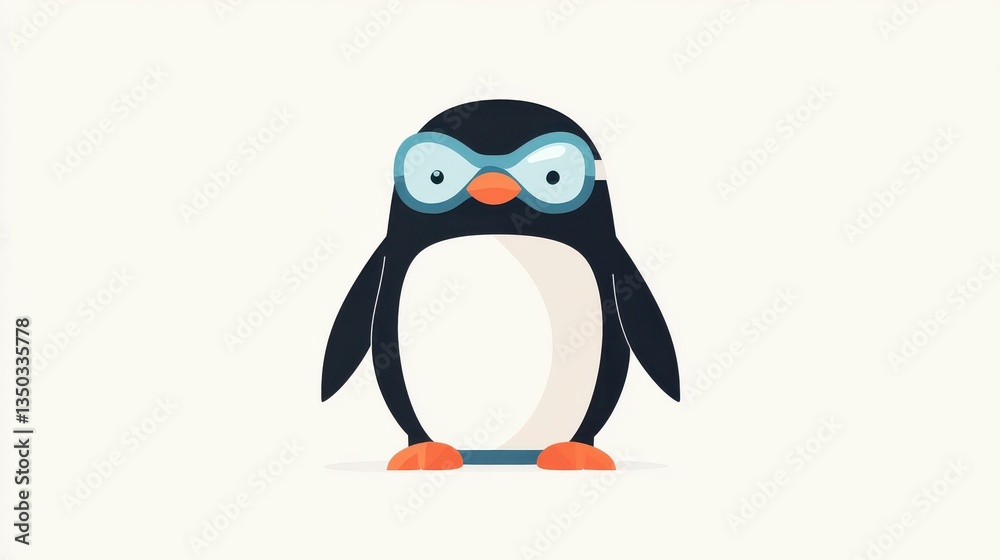 Fototapeta premium A charming cartoon penguin with a snorkel, ready for an underwater adventure, brings a playful vibe to this modern illustration.