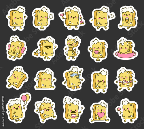 Cleaning sponge character set showing various emotions and activities, including hygiene, cooking, relaxing, celebrating, and everyday situations with fun accessories and expressions