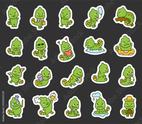 Chameleon character set featuring adorable cartoon animals expressing emotions, wearing accessories, and enjoying everyday moments for yours illustration and creative designs projects