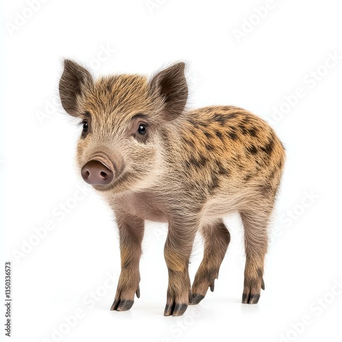 A wild boar stands alone against a  white backdrop, showcasing its rugged features and unique fur patterns.