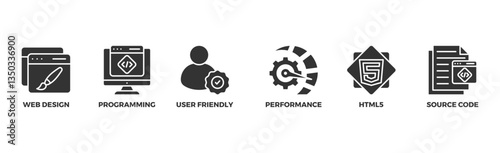 Mobile first banner web icon illustration concept for responsive web design with icon of webdesign, programming, user-friendly, performance, html5 and source code	