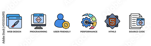 Mobile first banner web icon illustration concept for responsive web design with icon of webdesign, programming, user-friendly, performance, html5 and source code	