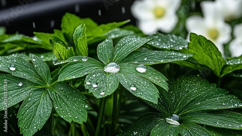 Detailed Macro Shot of Raindrops on Lush Green Leaves with Soft Background Flora