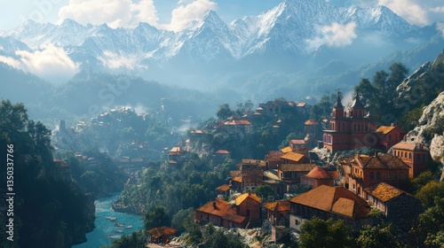 Mountain village river mist sunrise