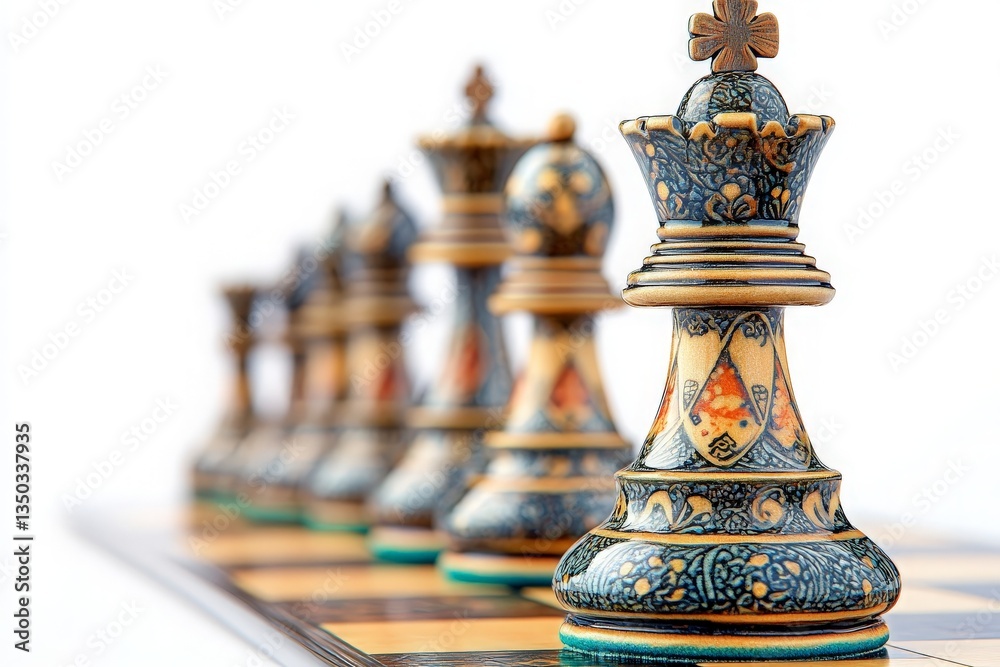 Ornate Chess Pieces Strategically Placed on a Board with a White Background, Perfect for Game Promotions and Strategy Illustrations Ornate Chess Pieces Strategically Placed on a Board with a White Background, Perfect for Game Promotions and Strategy Illustrations
