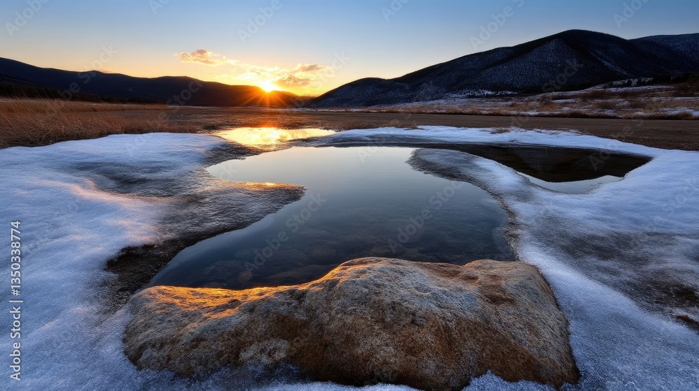 Fototapeta premium Frozen puddle at sunset, snow-covered landscape