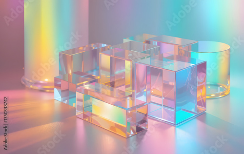 3d glass holographic transparent square plate shapes on pastel macro background. Abstract geometric blocks with rainbow color gradient, dispersion light render. Digital tech banner. 3D illustration