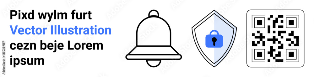 Bell icon, shield with lock in center, QR code pattern. Ideal for security, notifications, technology, digital interaction, app UI, scanning systems flat landing page banner Bell icon, shield with lock in center, QR code pattern. Ideal for security, notifications, technology, digital interaction, app UI, scanning systems flat landing page banner