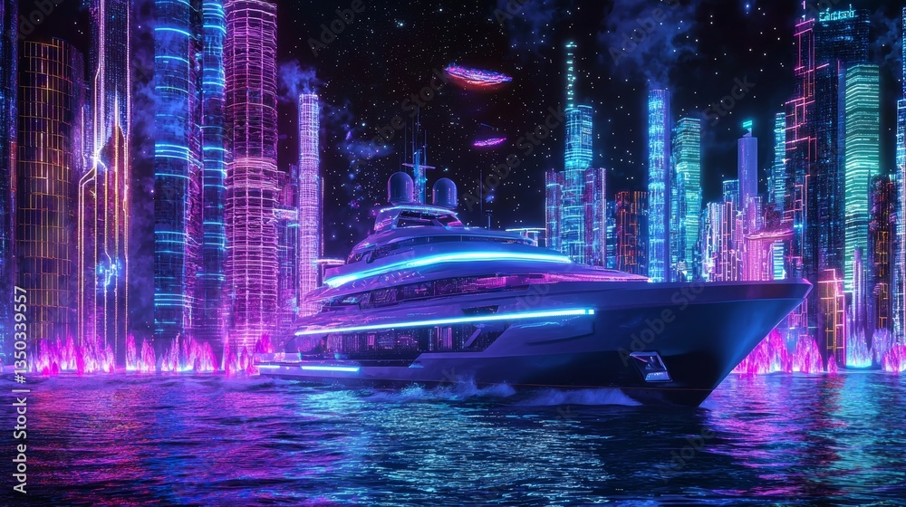 Obraz premium Futuristic yacht cruising through luminescent waters, glowing waves, holographic sky with floating islands, neon and AI-enhanced design, ultra-detailed