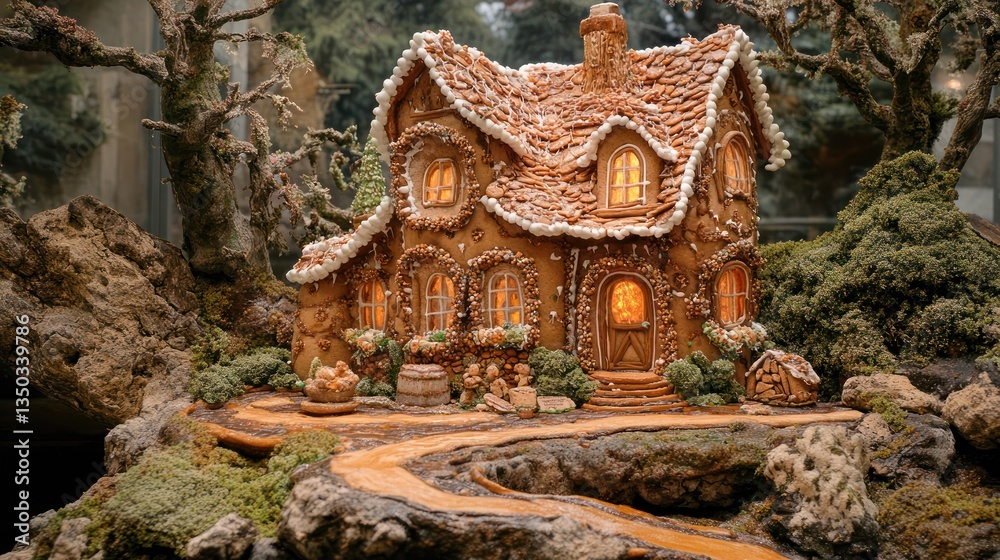 Illuminated gingerbread house, winter garden display, holiday scene, festive decoration Illuminated gingerbread house, winter garden display, holiday scene, festive decoration