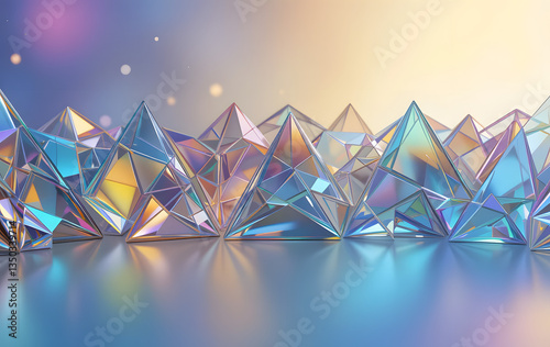 Abstract 3d background with crystal glass transparent triangle plate shapes, rainbow light flare effect, prism refraction. Holographic gradient triangular pattern, render tech banner. 3D illustration