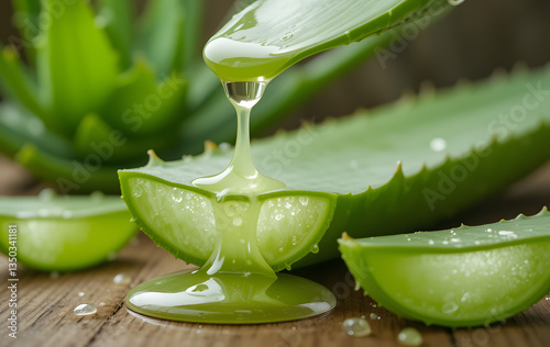 Aloe gel dropping from fresh aloe vera leaf cut. Aloe Vera plant at the background.