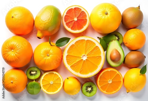 Wallpaper Mural Assortment of winter fruits such as avocado tangerines kiwi lemon oranges and persimmons in a fruit isolated on white background Torontodigital.ca