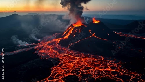 Erupting volcano with glowing lava flows illuminating the rugged terrain, while thick smoke and ash rise dramatically into the darkened sky—a captivating display of natural power.