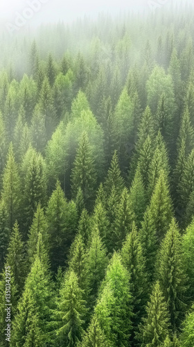 Dense forest with fog and green trees, perfect for minimalist wallpaper design