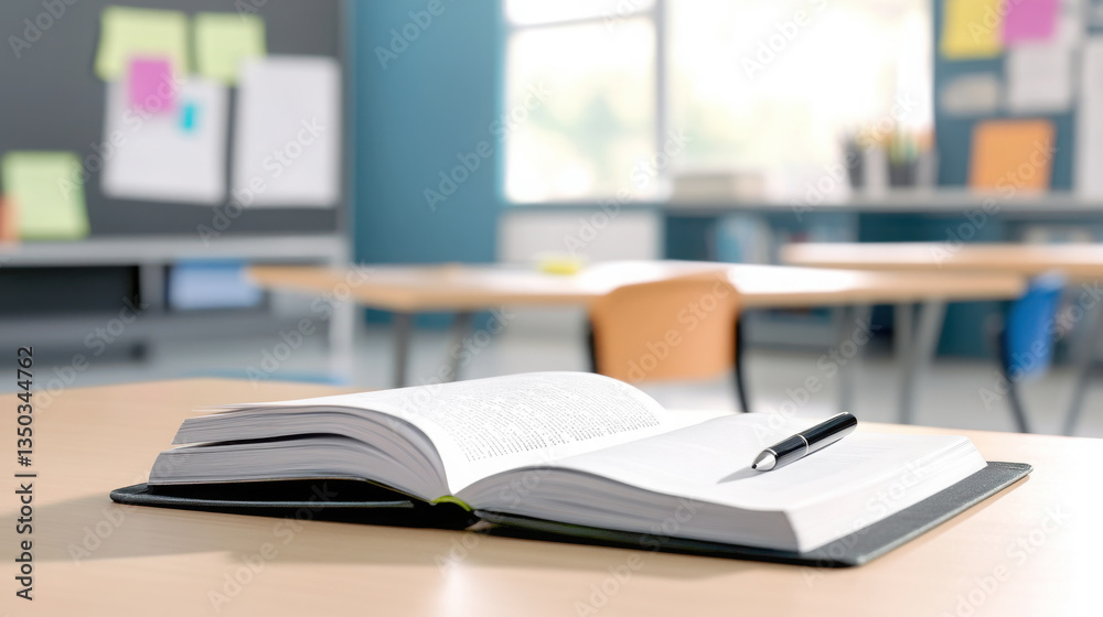Open book and pen on classroom desk in bright learning environment Open book and pen on classroom desk in bright learning environment