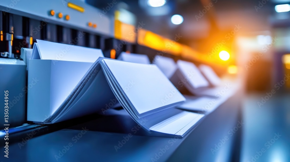 A high-speed automatic paper folding machine creating brochures and flyers.