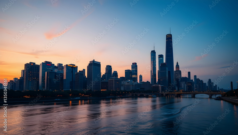 Urban Skyline at Sunset Dramatic Cityscape with River Reflection and Vibrant Colorful Sky Modern Architecture Urban Skyline at Sunset Dramatic Cityscape with River Reflection and Vibrant Colorful Sky Modern Architecture