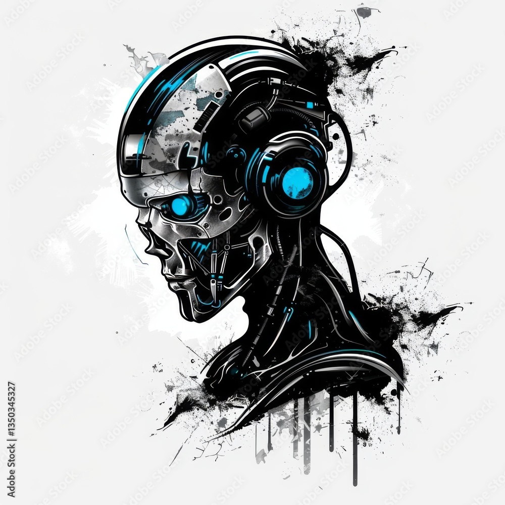 Obraz premium T-shirt design of a cyberpunk android, metallic, sleek, robotic, with a glowing core. Suitable for t-shirt or sticker ready to print