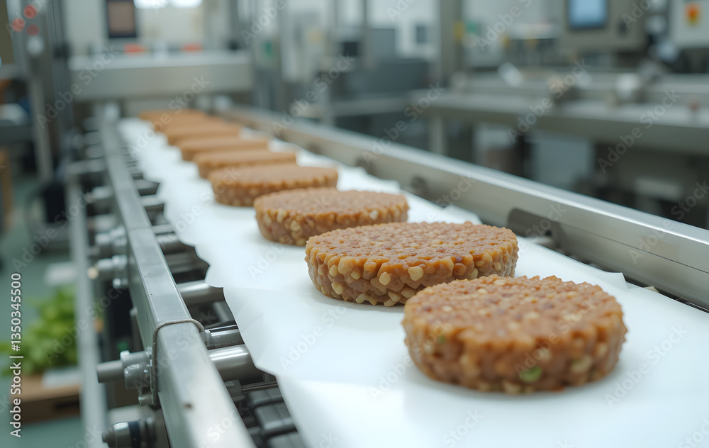 Fototapeta premium Plant based burger patties moving along a production line in a food processing facility. The focus is on the industrial process of creating meat alternatives for sustainable consumption