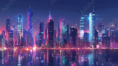Wallpaper Mural Night city skyline reflected in water, vibrant neon lights, digital art, urban landscape, stock photo Torontodigital.ca