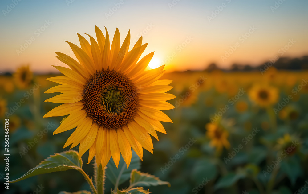 Obraz premium Sunflower in field at sunset with blurred background, close-up of blooming flower in warm golden sunlight with copy space