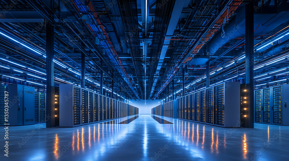 Fototapeta premium High-Tech Server Room with Blue Lighting: Modern Data Center Technology and Digital Infrastructure