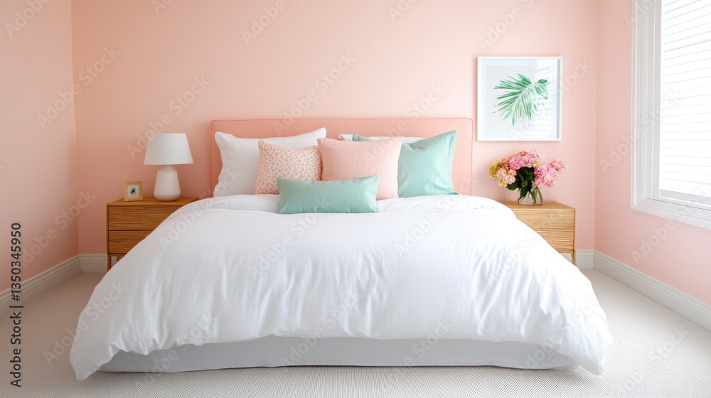 Elegant bedroom design featuring peach headboard and slate blue bedding