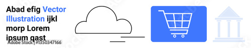 Cloud with motion lines, blue shopping cart icon in a rectangle, and a faint classical building outline. Ideal for e-commerce, cloud storage, fintech, digital transactions, online platforms, banking